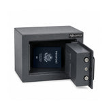 Geöffneter Tresor Safe Compact Mini in Anthrazit mit einem darin liegenden Reisepass von hjh OFFICE