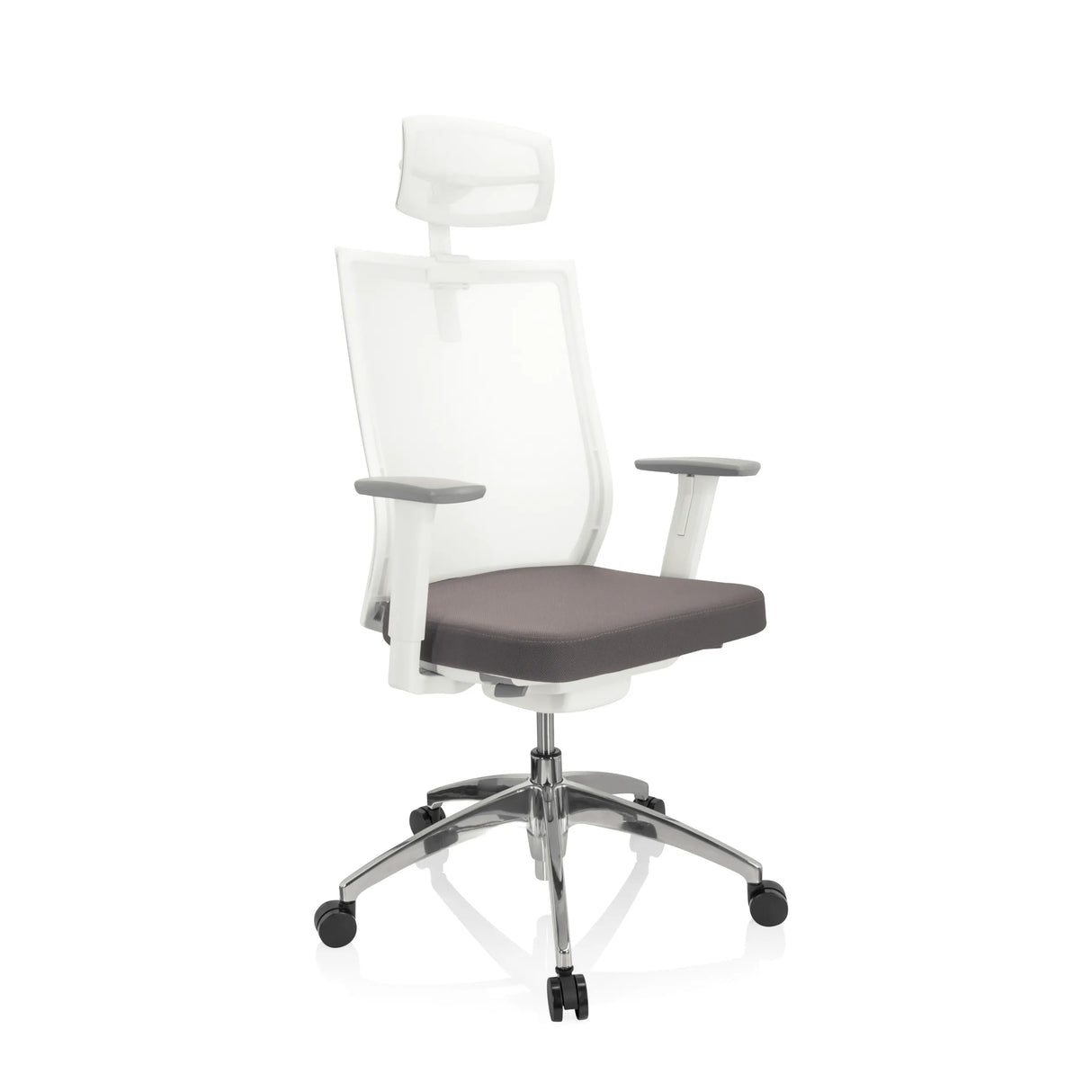 Grau-weißer Profi-Bürostuhl ASPEN WHITE PRO mit Netzrücken, Kopfstütze und Fußkreuz mit fünf Rollen von hjh OFFICE – 360-Grad-Ansicht (schräge Frontansicht 40°)