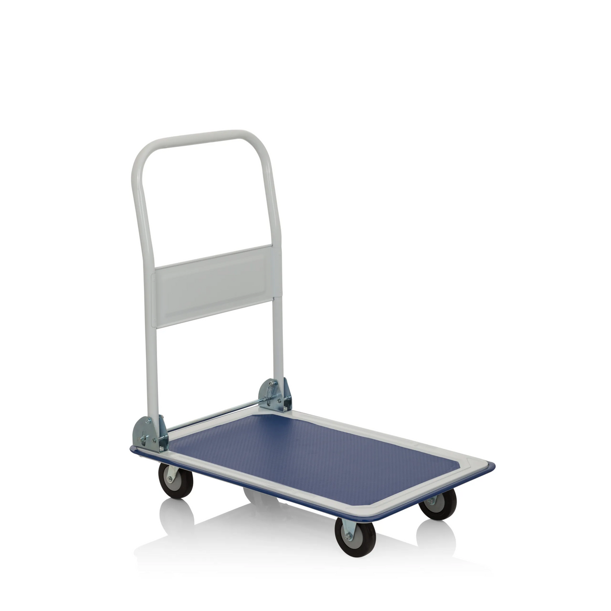 Blau-weißer Plattformwagen CARRY mit klappbarem Griff und vier Rollen von hjh OFFICE – 360-Grad-Ansicht (Frontansicht 20°)