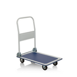 Blau-weißer Plattformwagen CARRY mit klappbarem Griff und vier Rollen von hjh OFFICE – 360-Grad-Ansicht (Frontansicht 20°)