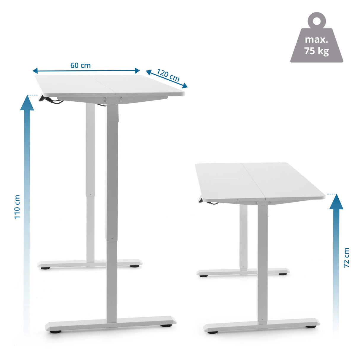 Maßzeichnung des elektrisch höhenverstellbaren Schreibtischs Worktime von 120 × 60 cm von hjh OFFICE