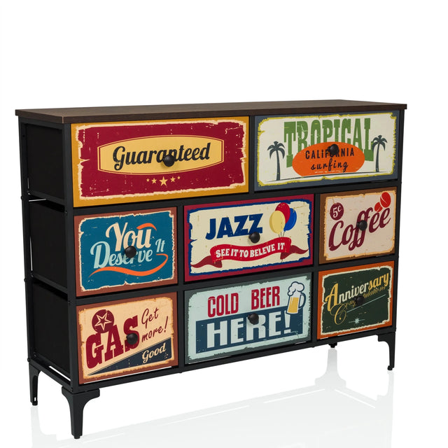Kommode AMERIKO B mit schwarzem Gestell und sechs bunten Motiv-Schubladen im Vintage-Stil von hjh LIVING
