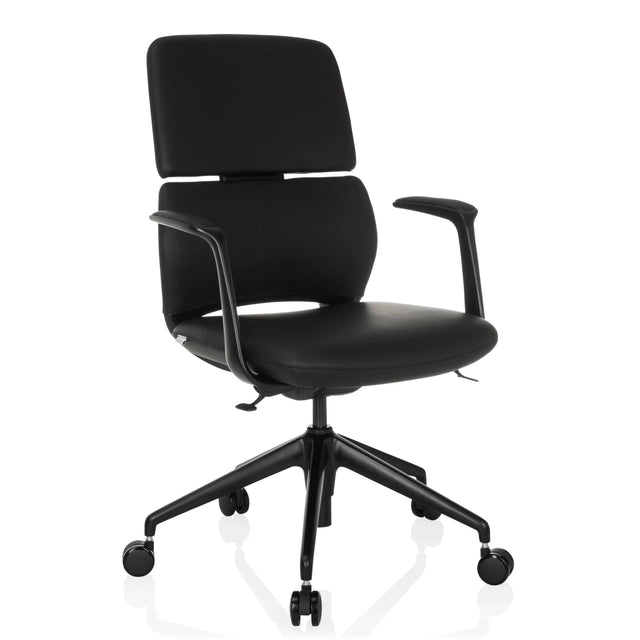 Schwarzer Profi-Bürostuhl ATMOS DESIGNER mit Lederbezug, Armlehnen und fünf Rollen von hjh OFFICE