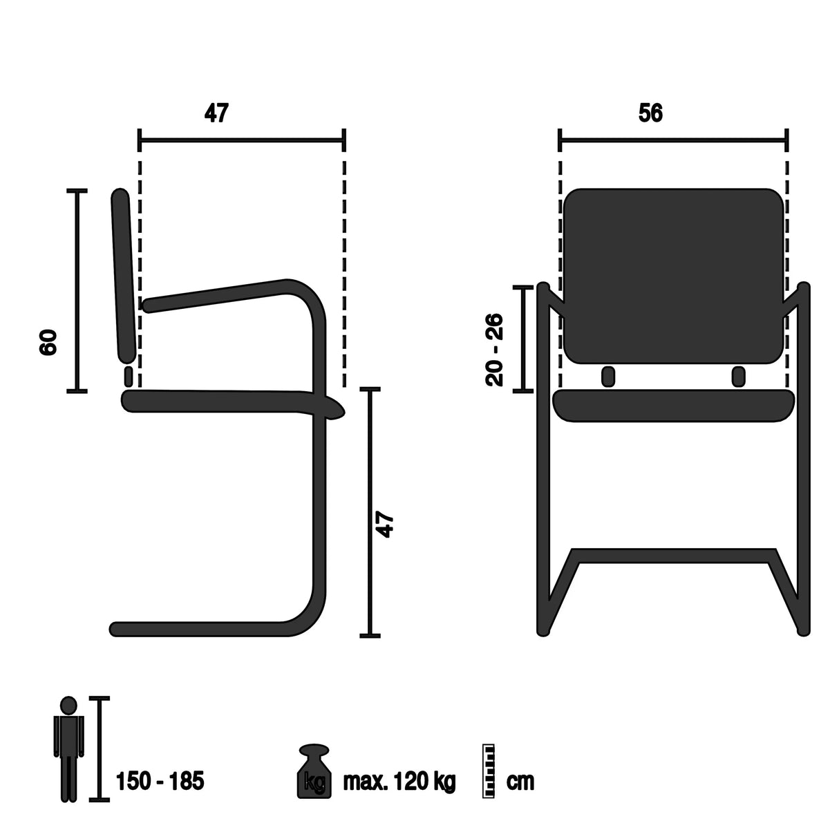 Technische Zeichnung des Freischwingers CAPTIVO PRO V mit einer Breite von 56 cm von hjh OFFICE