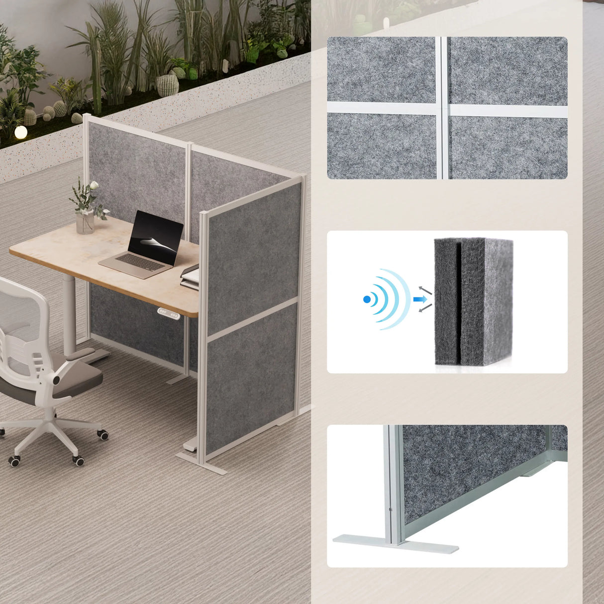 Graue Trennwände Flexmiut Modul L mit schallabsorbierender Oberfläche und weißem Rahmen von hjh OFFICE