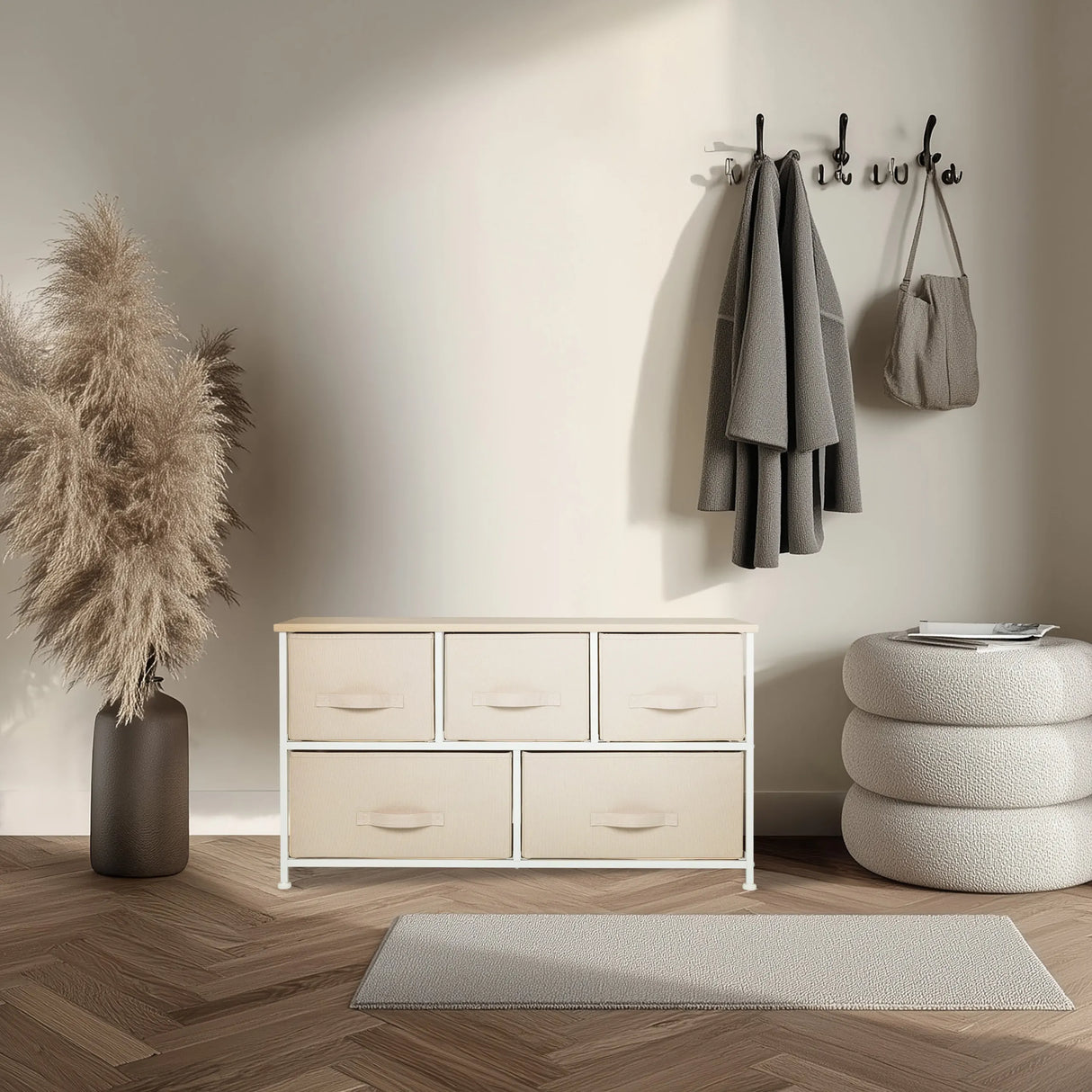 Beige Kommode FOLDAR mit fünf Stoffschubladen und weißem Gestell von hjh LIVING
