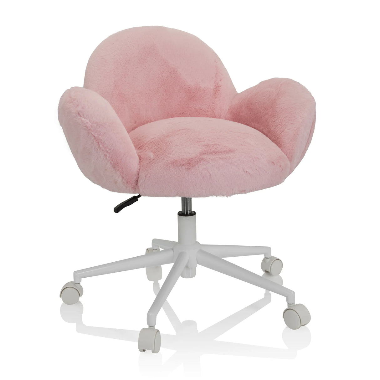 Rosa Kinderdrehstuhl KID TEDDY mit flauschigem Bezug und weißem Fußkreuz mit fünf Rollen von hjh OFFICE – 360-Grad-Ansicht (Frontansicht 20°)