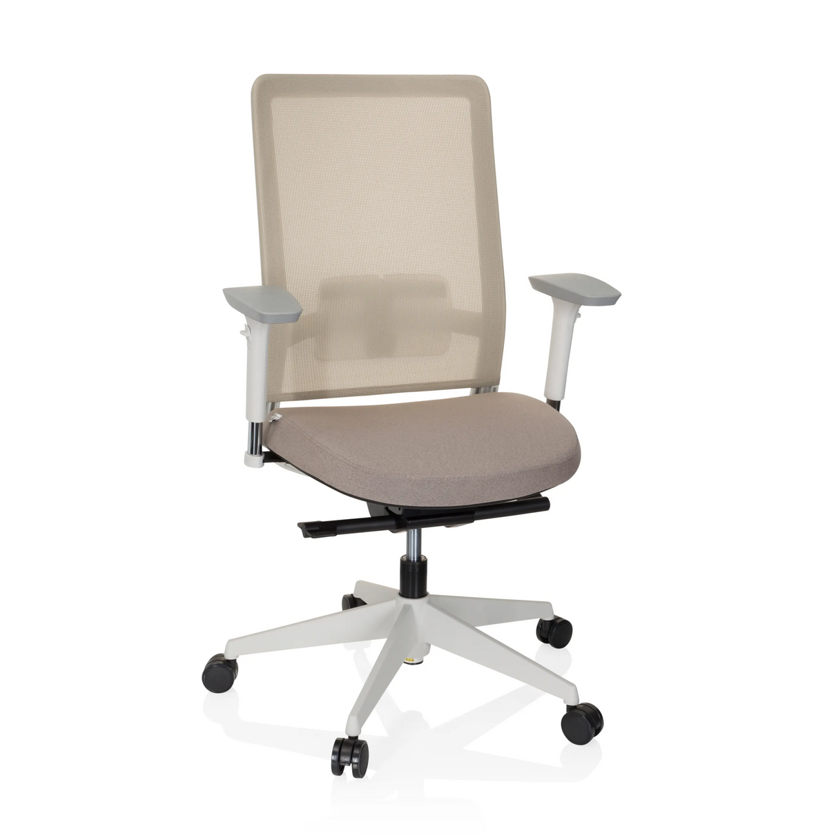 Beiger Profi-Bürostuhl PURE WHITE mit Netzrücken und Fußkreuz mit fünf Rollen von hjh OFFICE – 360-Grad-Ansicht (Frontansicht 20°)