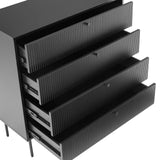 Ausgezogene Schubladen mit geriffelten Fronten der Kommode KARBY K in Schwarz von hjh LIVING