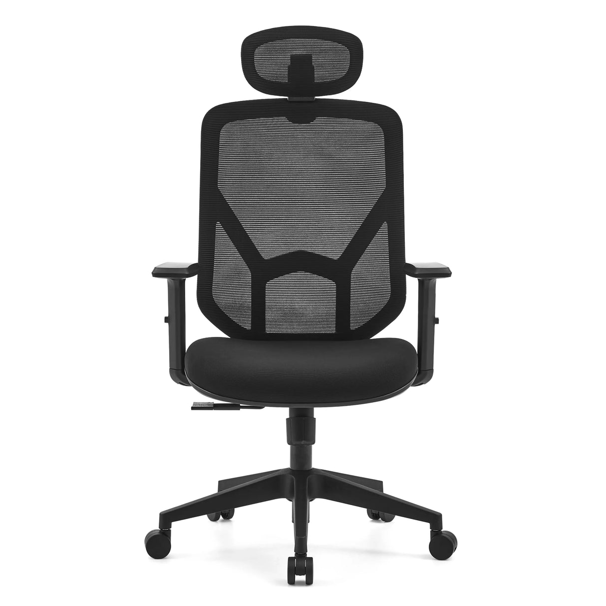 Schwarzer Homeoffice-Bürostuhl BLACORE mit Netzrücken, Kopfstütze und Fußkreuz mit fünf Rollen von MyBuero – 360-Grad-Ansicht (Frontansicht 0°)