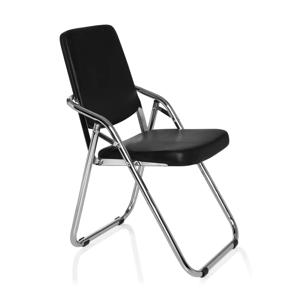Schwarzer Klappstuhl ESTO mit Kunstlederbezug und Gestell aus Chrom von hjh OFFICE – 360-Grad-Ansicht (schräge Frontansicht 60°)