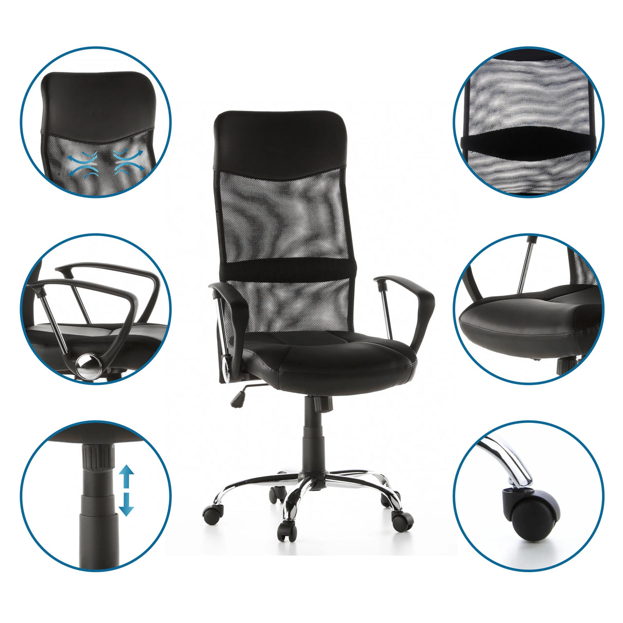Homeoffice Chefsessel ARTON 20 in Schwarz mit Netzrücken und Detailansichten von hjh OFFICE