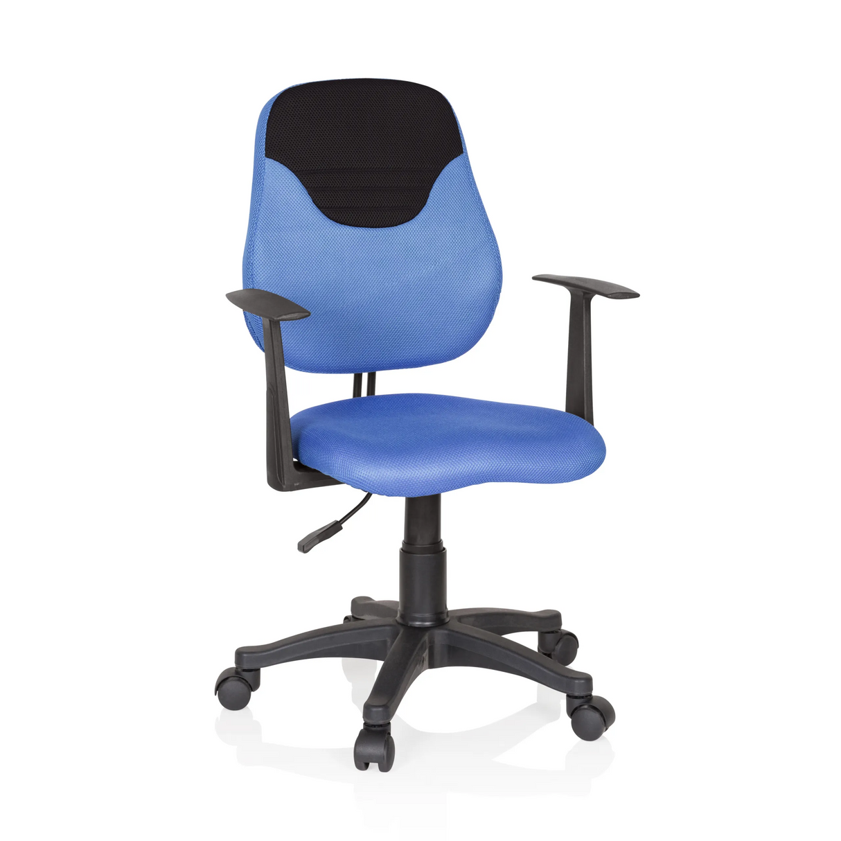 Blauer Kinderdrehstuhl KIDDY STYLE mit Netzrücken, Armlehnen und Fußkreuz mit fünf Rollen von hjh OFFICE – 360-Grad-Ansicht (Frontansicht 20°)