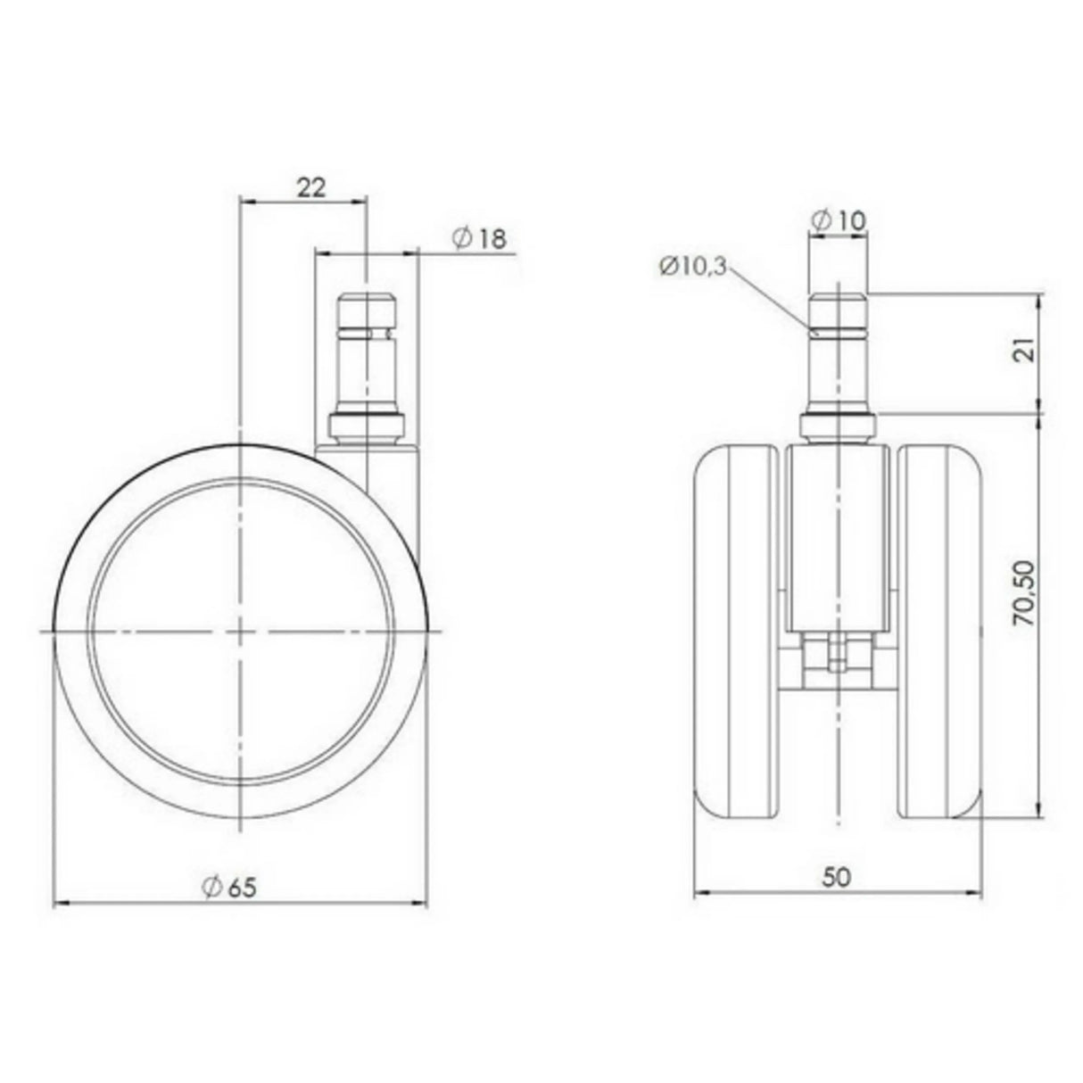 Technische Zeichnung der Stuhlrolle 5x ROLO 10mm/65mm mit einem Durchmesser von 65 mm von hjh OFFICE