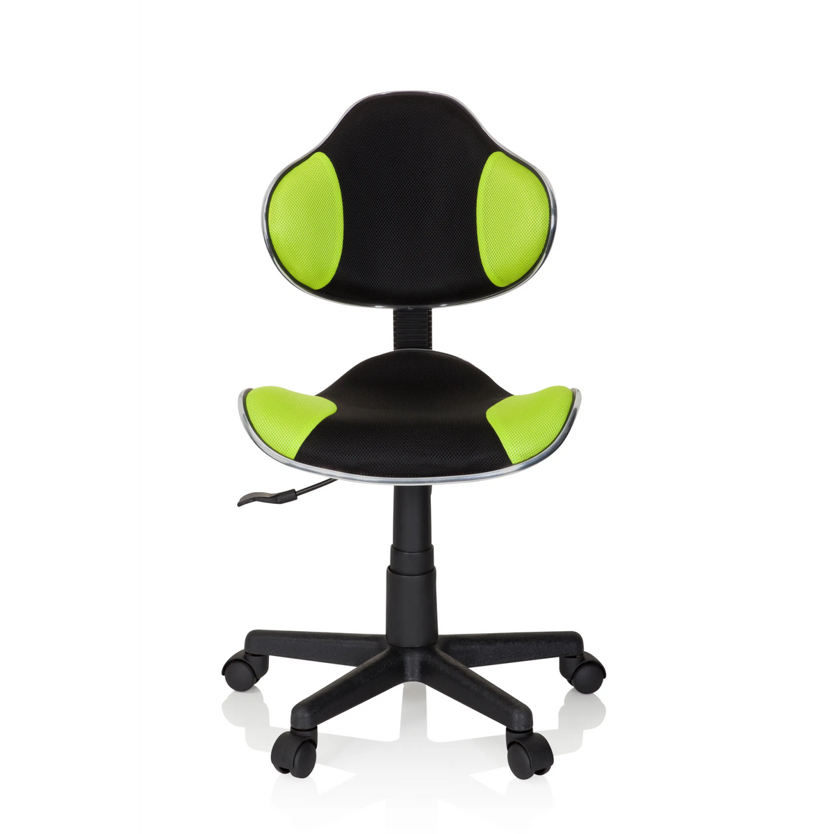 Schwarz-grüner Kinderdrehstuhl KIDDY GTI-2 mit Netzbezug und Fußkreuz mit fünf Rollen von hjh OFFICE – 360-Grad-Ansicht (Frontansicht 0°)