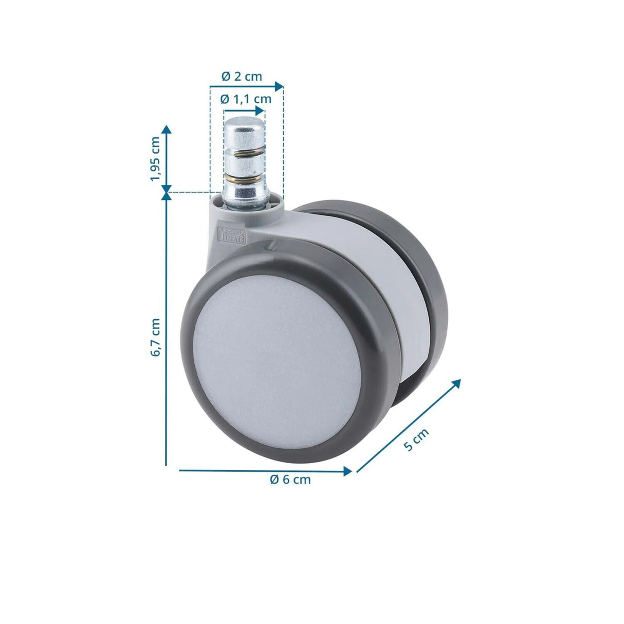 Maßzeichnung der Stuhlrolle 5x ROLO MOVE 60 11mm/60mm mit einem Durchmesser von 6 cm und einer Höhe von 6,7 cm von hjh OFFICE