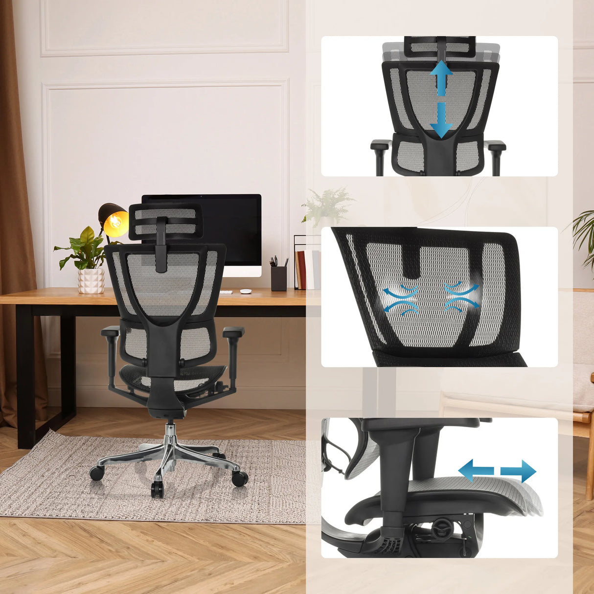 Verstellbare Kopfstütze und Sitzfläche des Luxus-Chefsessel ERGOHUMAN SLIM ULTRA GEN2 mit Netzrücken von hjh OFFICE