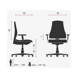 Technische Zeichnung des Profi-Bürostuhls MELBOURNE AL X3 mit einer maximalen Belastbarkeit von 110 kg von Topstar