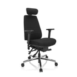 Schwarzer Profi-Bürostuhl PHOENIX PRO I mit Kopfstütze und Fußkreuz mit fünf Rollen von hjh OFFICE – 360-Grad-Ansicht (schräge Frontansicht 40°)