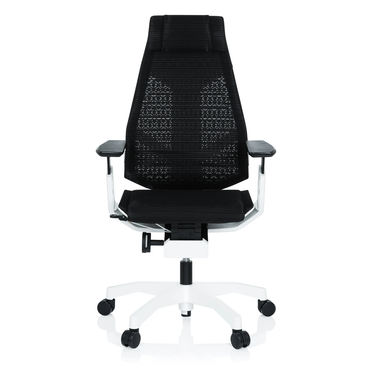 Schwarzer High-End-Bürostuhl GENIDIA PRO WHITE mit Netzrücken und weißem Fußkreuz mit fünf Rollen von hjh OFFICE – 360-Grad-Ansicht (Frontansicht 0°)