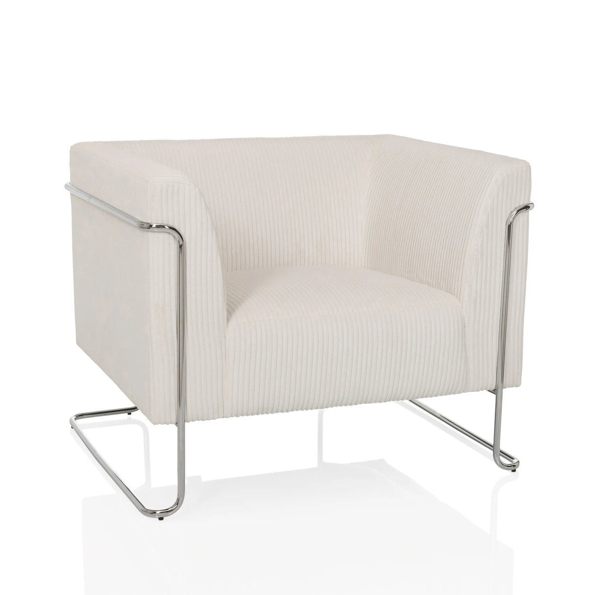 Weißer Loungesessel Curacao Cord mit geripptem Bezug und verchromtem Gestell von hjh LIVING – 360-Grad-Ansicht (Frontansicht 15°)