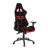 Schwarz-roter Gamingstuhl LEAGUE PRO I mit zwei Kopfstützen-Öffnungen und Fußkreuz mit fünf Rollen von hjh OFFICE – 360-Grad-Ansicht (schräge Frontansicht 40°)