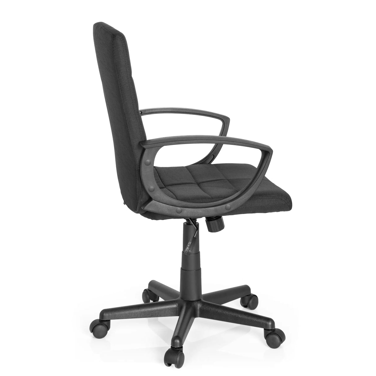 Schwarzer Homeoffice-Bürostuhl STAR-TEC CL300 mit Armlehnen und Fußkreuz mit fünf Rollen von MyBuero – 360-Grad-Ansicht (Seitenprofil 100°)