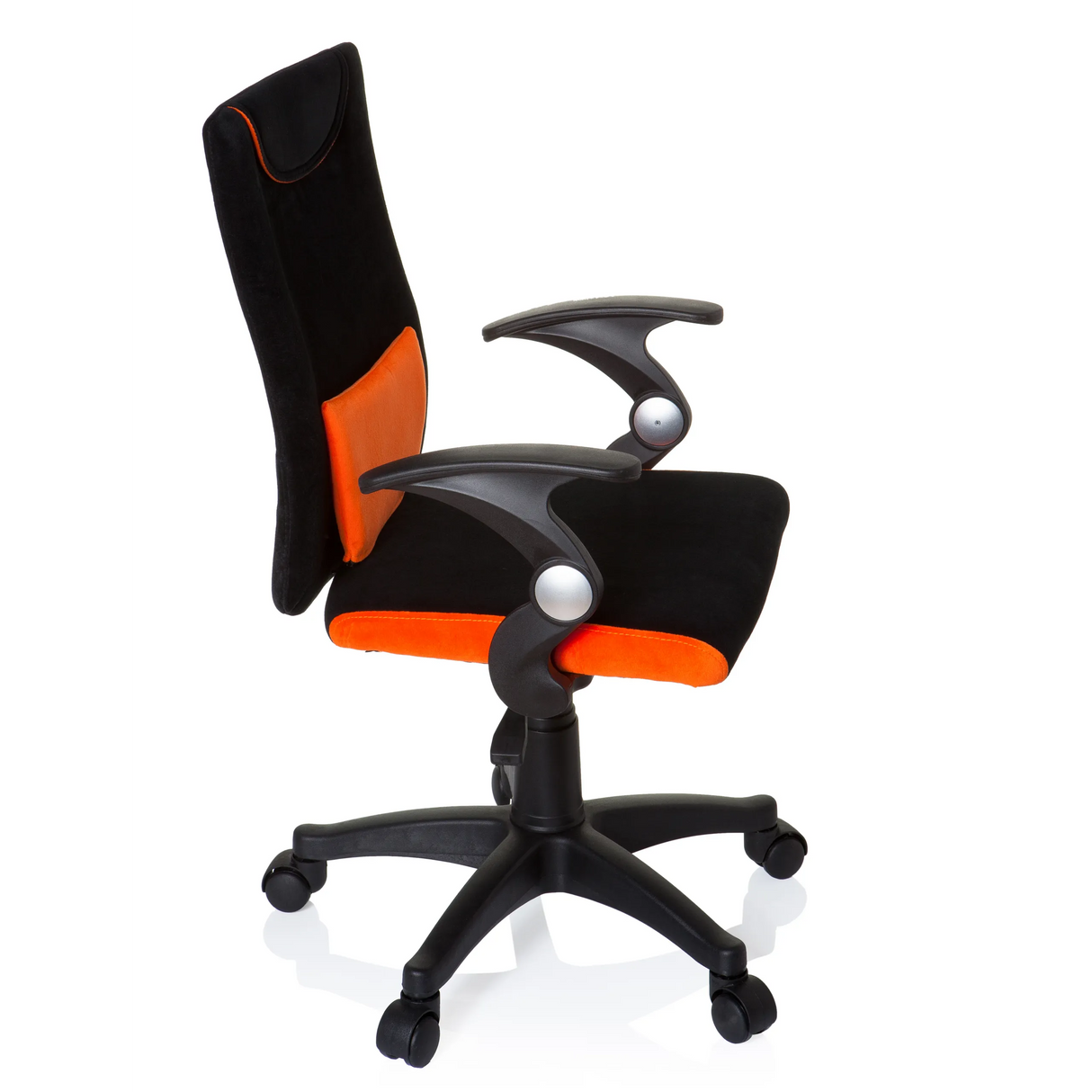 Schwarz-orangefarbener Kinderdrehstuhl KIDDY PRO AL mit Lendenkissen und Fußkreuz mit fünf Rollen von hjh OFFICE – 360-Grad-Ansicht (Seitenprofil 80°)