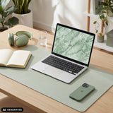 Hellgrüne Schreibunterlage Padflux Clean auf einem Holztisch mit Laptop und Zubehör von hjh OFFICE (KI-generiertes Bild)