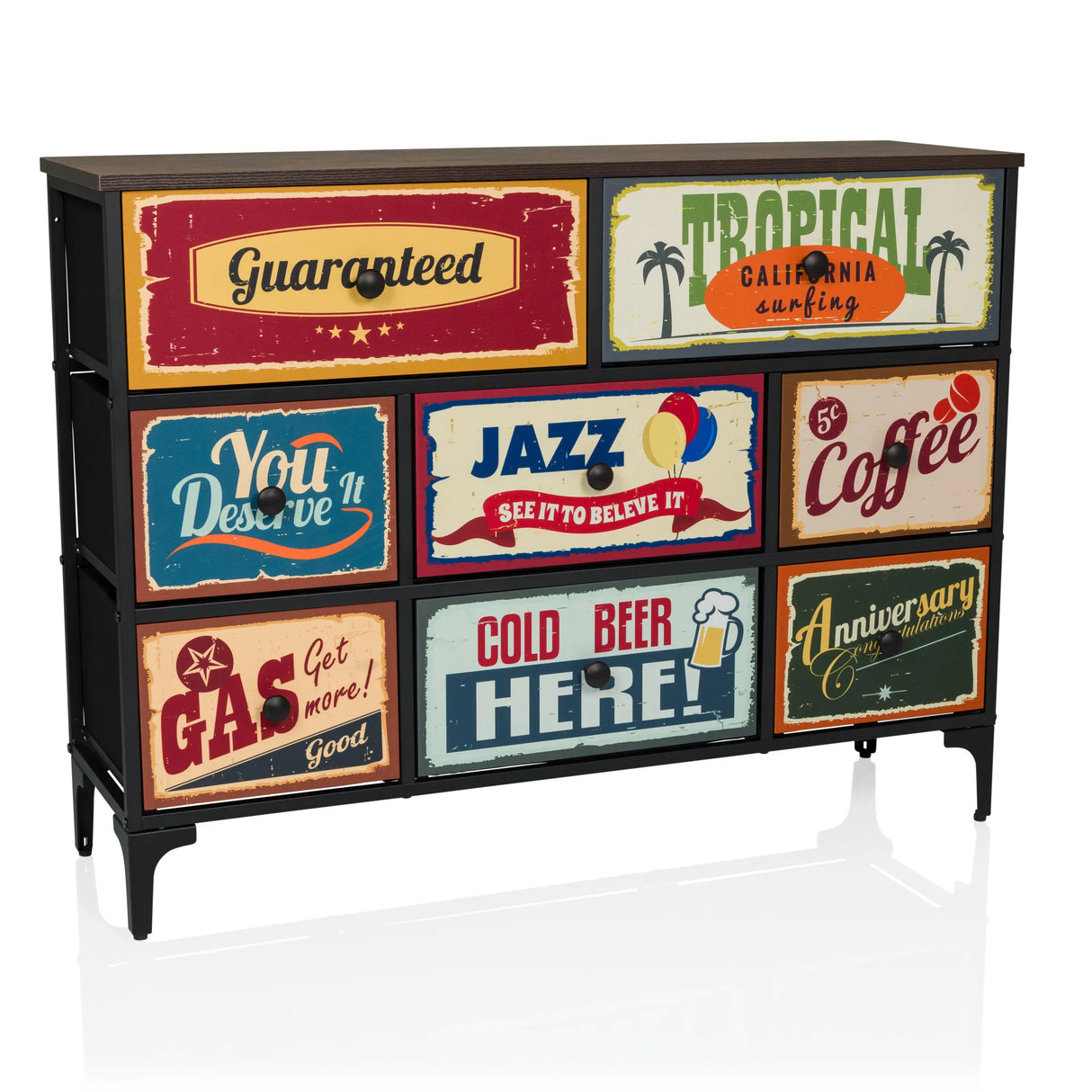 Kommode AMERIKO B mit sechs bunt bedruckten Vintage-Schubladen und schwarzen Beinen von hjh LIVING – 360-Grad-Ansicht (Frontansicht 15°)