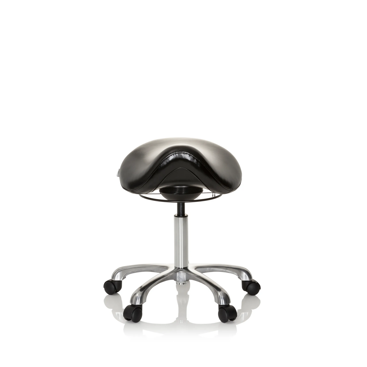 Schwarzer Sattelhocker ORTHO SIT mit Fußkreuz und fünf Rollen von hjh OFFICE – 360-Grad-Ansicht (Frontansicht 0°)