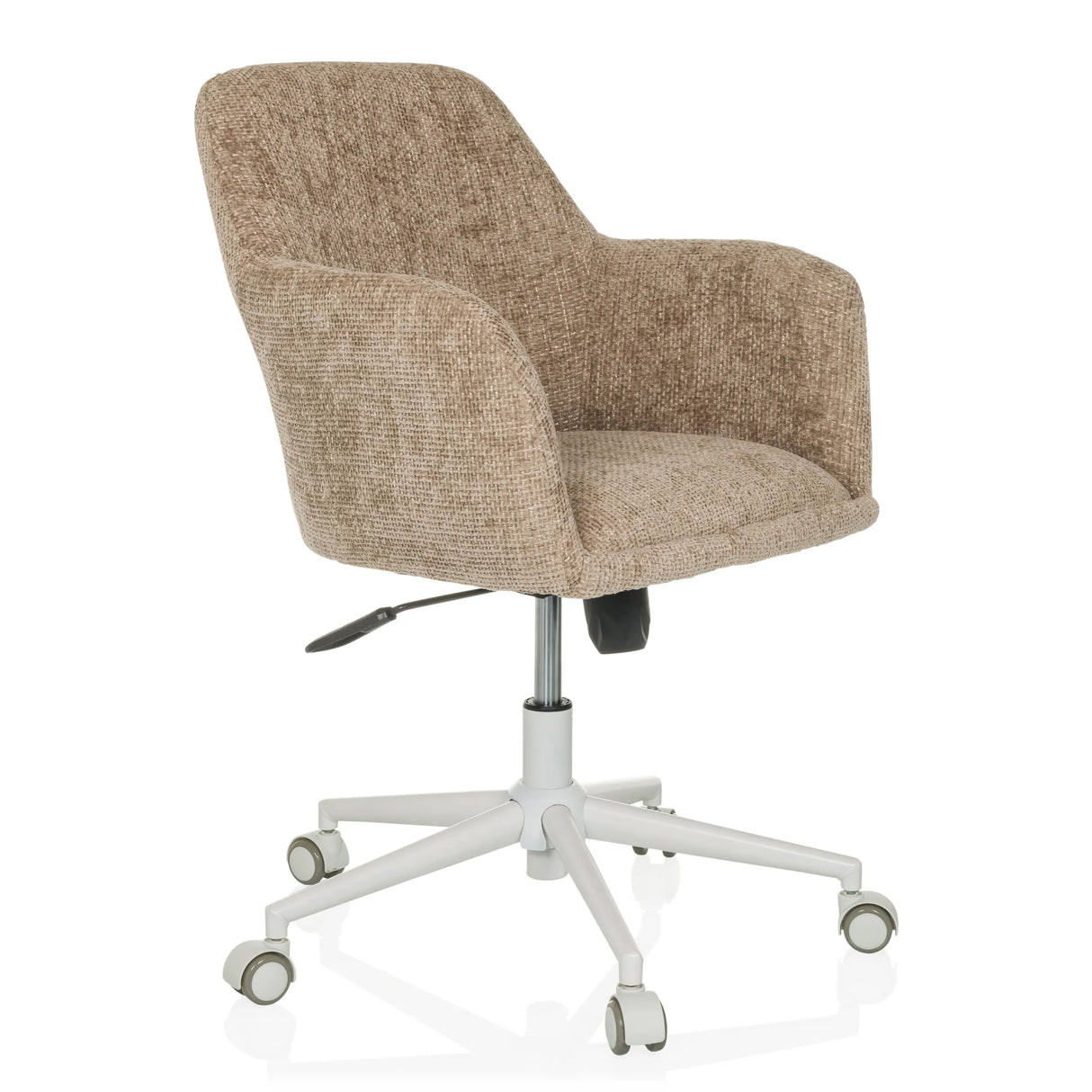 Beiger Homeoffice-Bürostuhl SOLAO HOME mit Stoffbezug und weißem Fußkreuz mit fünf Rollen von hjh LIVING – 360-Grad-Ansicht (schräge Frontansicht 45°)