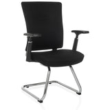 Schwarzer Freischwinger CAPTIVO PRO V mit Armlehnen und Stoffbezug von hjh OFFICE – 360-Grad-Ansicht (schräge Frontansicht 30°)