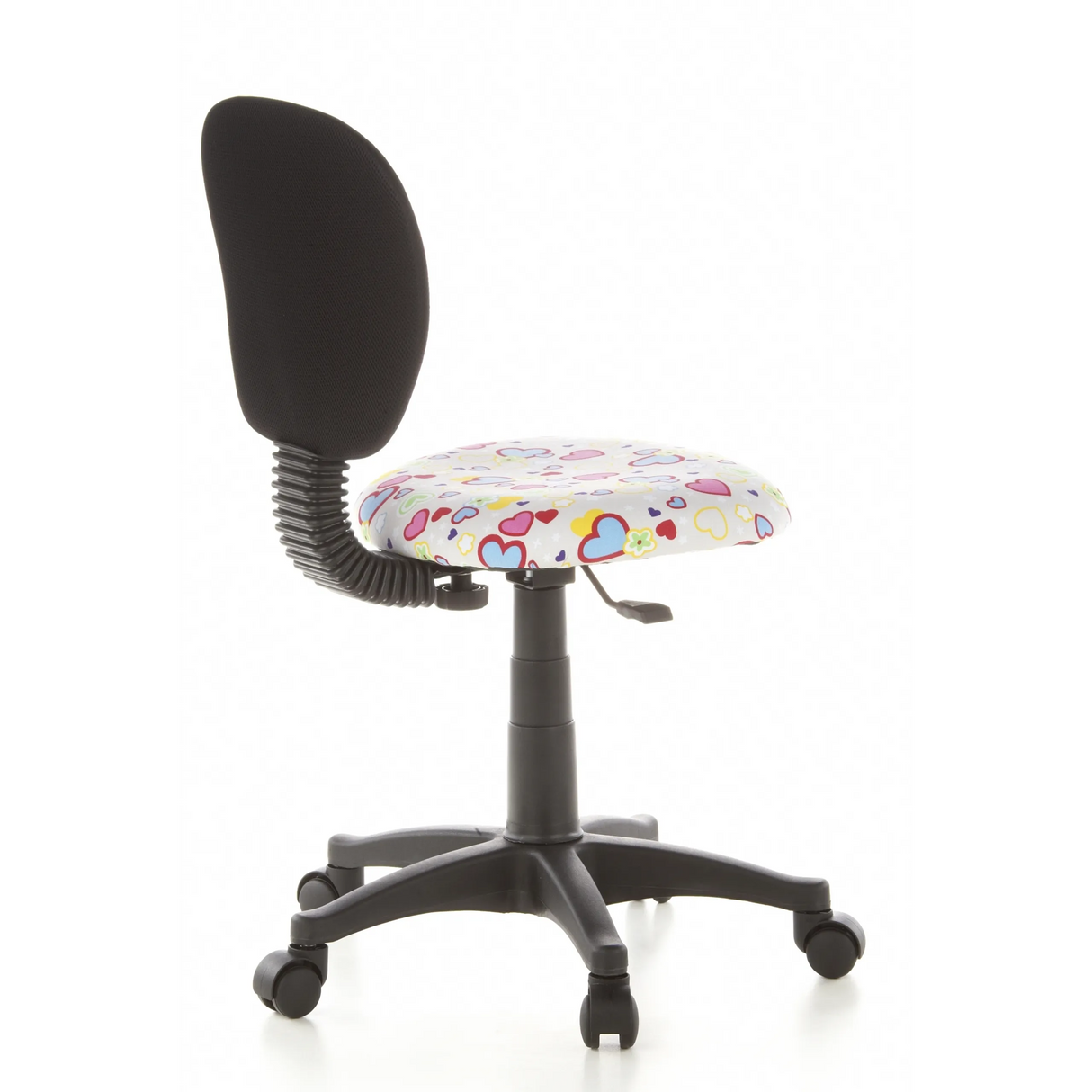 Kinderdrehstuhl KIDDY TOP mit buntem Herz- und Blumenmuster sowie Fußkreuz mit fünf Rollen von hjh OFFICE – 360-Grad-Ansicht (schräge Rückenansicht 120°)