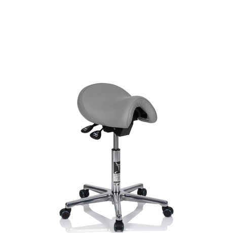 Grauer Sattelhocker BAMBACH STANDARD mit glänzender Metallstütze und fünf Rollen von Hager & Werken