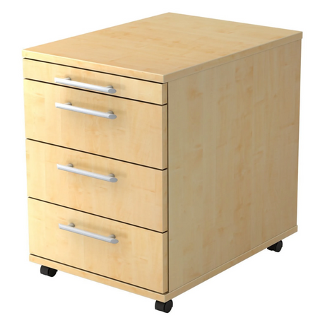 Rollcontainer BARI 1606 in Ahorn-Optik mit vier Schubladen und silbernen Relinggriffen von hjh OFFICE PRO