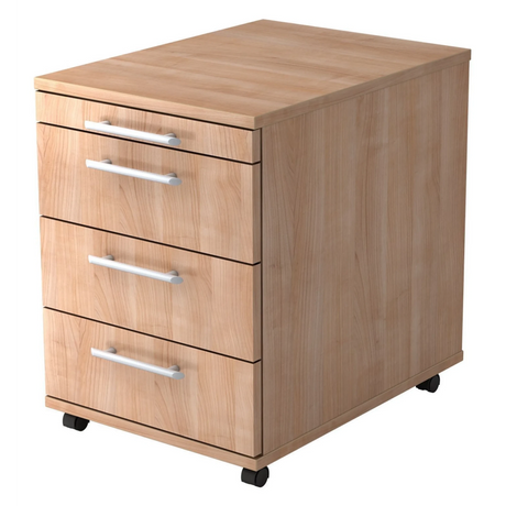 Rollcontainer BARI 1606 in heller Holzoptik mit vier Schubladen und silberfarbenen Relinggriffen von hjh OFFICE PRO