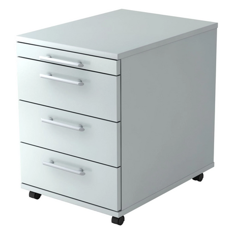 Grauer Rollcontainer BARI 1606 aus Kunststoff mit vier Schubladen und Relinggriffen von hjh OFFICE PRO