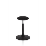 Schwarze Stehhilfe BALANCE SIT mit rundem Sitzpolster und kreisförmigem Standfuß von hjh OFFICE – 360-Grad-Ansicht (schräge Frontansicht 60°)