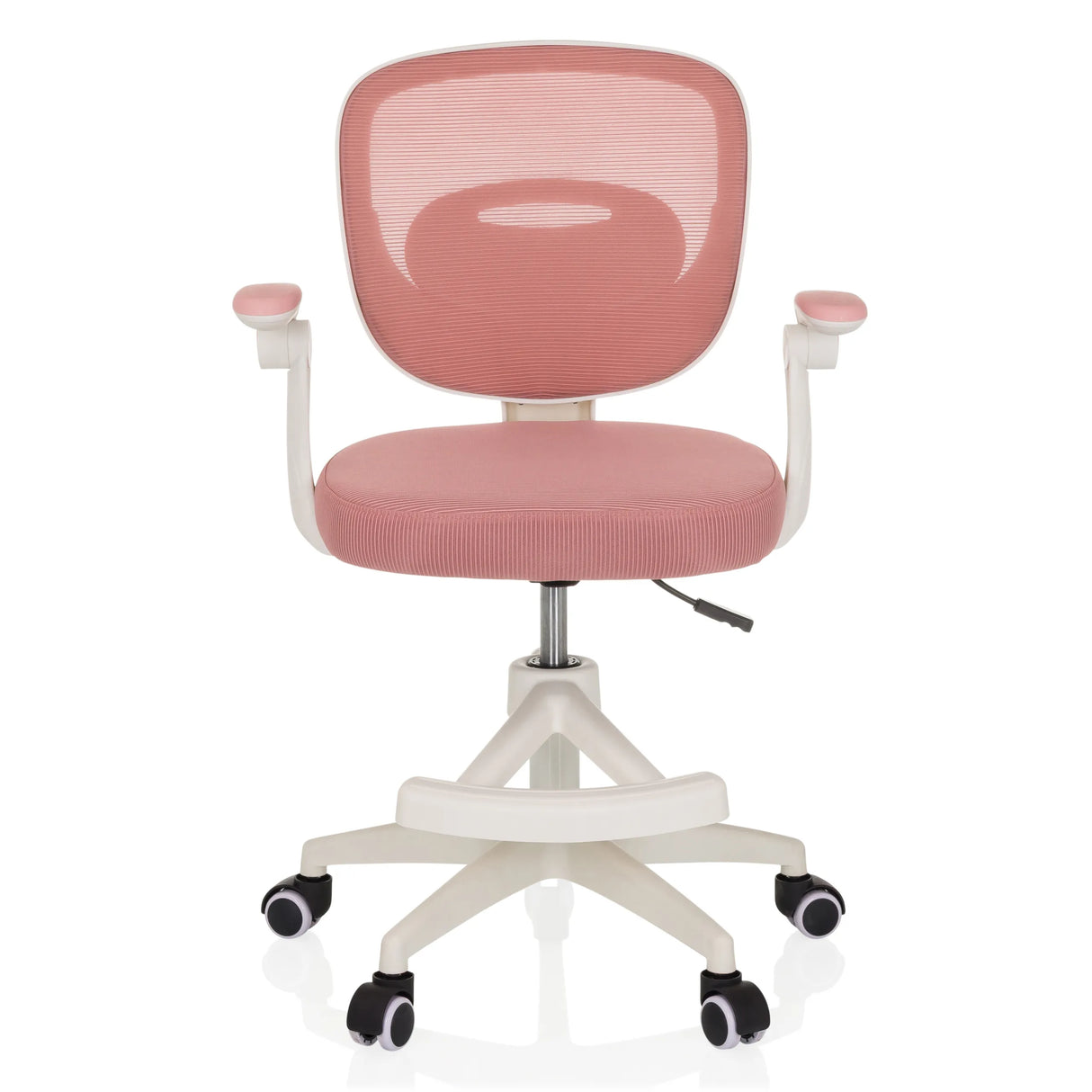 Rosa Kinderdrehstuhl KIDDY SMART mit Netzrücken und Fußkreuz mit fünf Rollen von hjh OFFICE – 360-Grad-Ansicht (Frontansicht 0°)