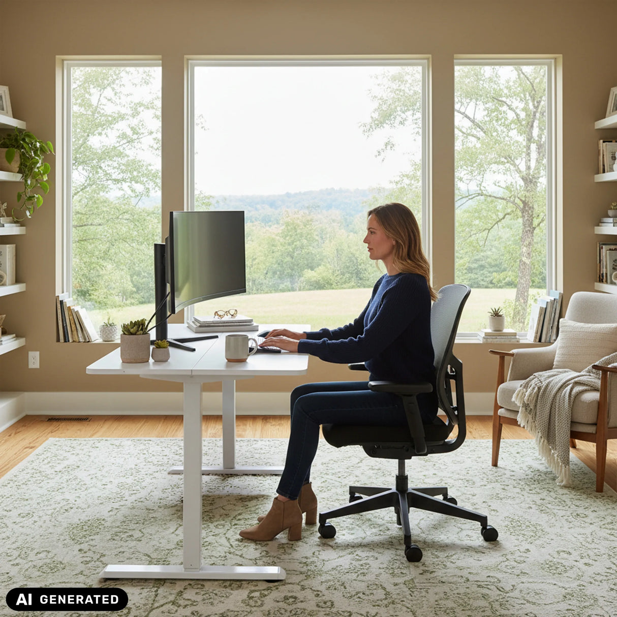 Elektrisch höhenverstellbarer Schreibtisch Worktime in Weiß von hjh OFFICE (KI-generiertes Bild)
