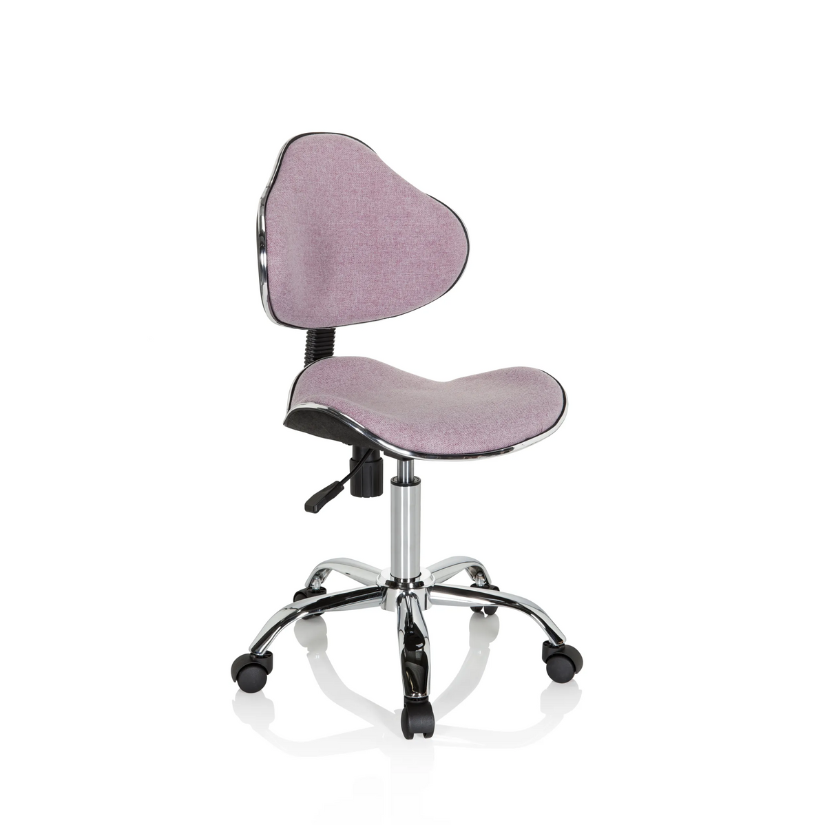 Rosa Kinderdrehstuhl KIDDY GTI-3 mit glänzendem Fußkreuz und fünf Rollen von hjh OFFICE – 360-Grad-Ansicht (schräge Frontansicht 40°)