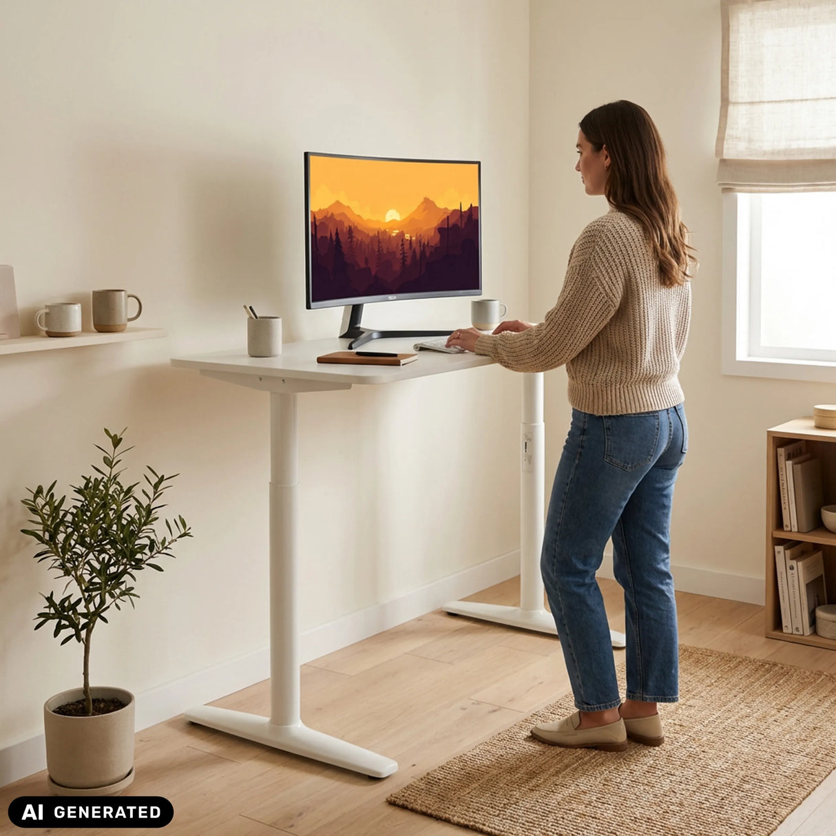 Elektrisch höhenverstellbarer Schreibtisch STAND PRO in Weiß mit einer Person im Stehen von hjh OFFICE (KI-generiertes Bild)