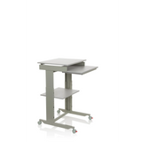 Grauer Stehschreibtisch WORKSTATION mit Ablagefläche und vier Rollen von hjh OFFICE – 360-Grad-Ansicht (schräge Frontansicht 60°)