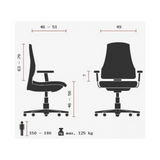 Technische Zeichnung des High-End-Bürostuhls ZERO 53 AL mit einer maximalen Belastbarkeit von 125 kg von Sitwell Steifensand