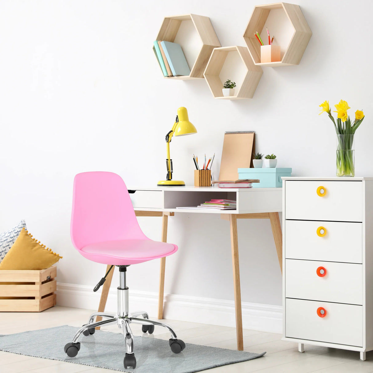 Kinderdrehstuhl FANCY II in Pink mit verchromtem Fußkreuz und Rollen von hjh OFFICE