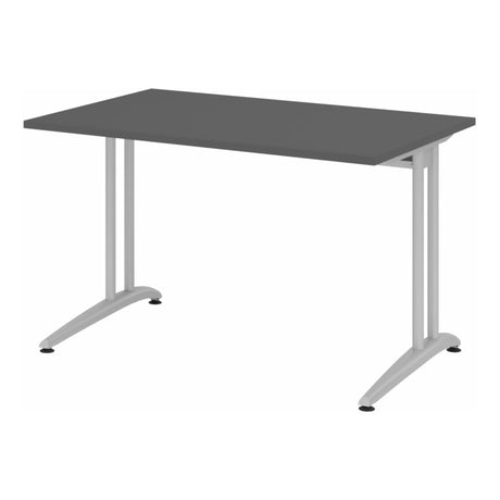 Graphitfarbener Schreibtisch BELA 12 S mit silbernem Metallgestell und zwei Standfüßen von hjh OFFICE PRO
