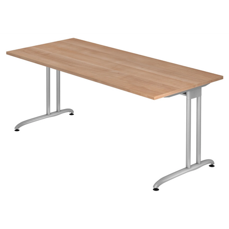 Schreibtisch BELA 19 S mit Tischplatte in Nussbaum-Optik und silberfarbenem Gestell von hjh OFFICE PRO