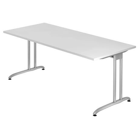 Weißer Schreibtisch BELA 19 S mit einer rechteckigen Platte und silbernen Metallbeinen von hjh OFFICE PRO