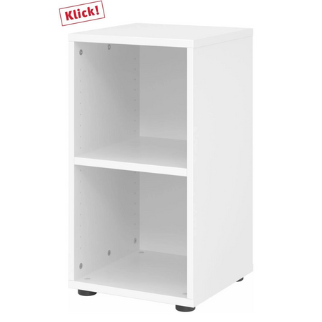 Weißes Regal BETA 9 mit zwei offenen Regalfächern und schwarzen Kunststofffüßen von hjh OFFICE PRO